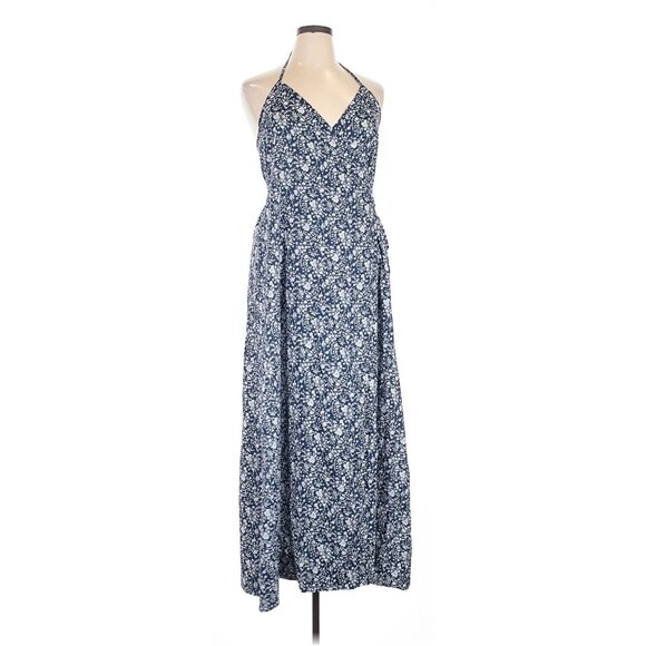 Ann Mashburn Sz L Wrap Halter Dress Liberty London Blue Summer Blooms Tana Lawn - Picture 1 of 12